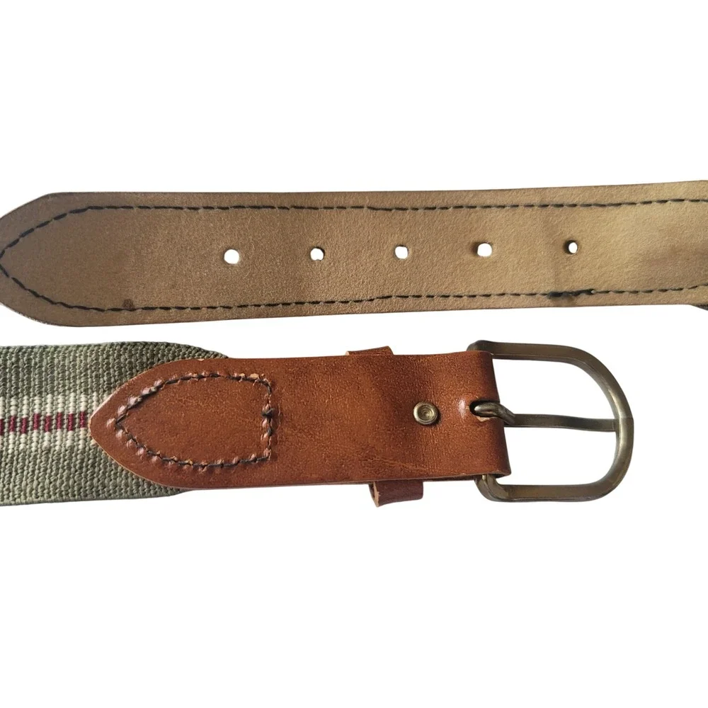 Mens VTG‎ Striped Fabric Belt Leather Trim Classic Buckle Casual Tan Green  40